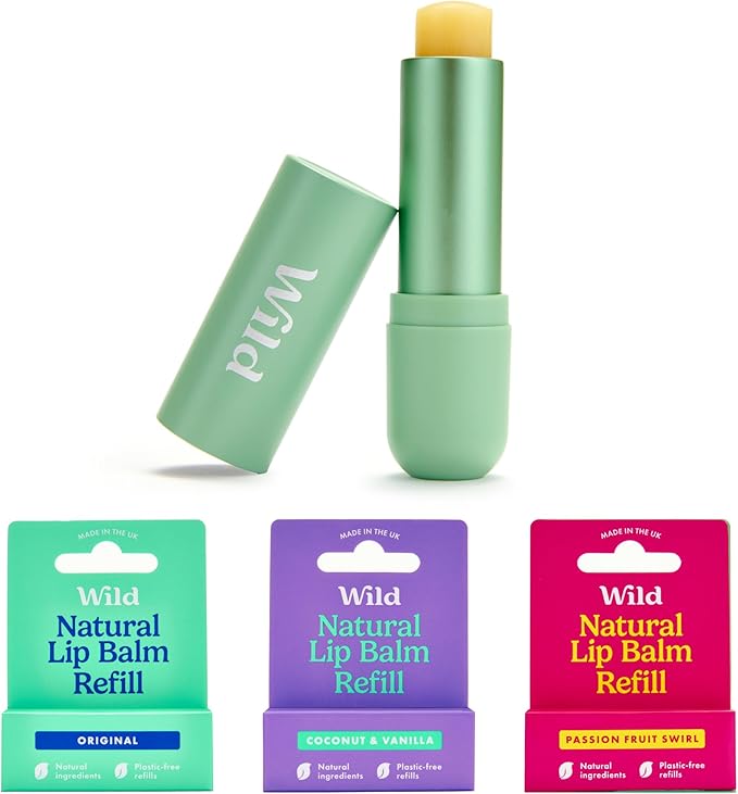 WILD NATURAL REFILLABLE LIP BALM STARTER KIT - INCLUDES SAGE GREEN ALUMINIUM CASE & 3 PACK LIP BALM REFILLS IN ASSORTED FRAGRANCES - PASSIONFRUIT, COCONUT & VANILLA & ORIGINAL - Image 2